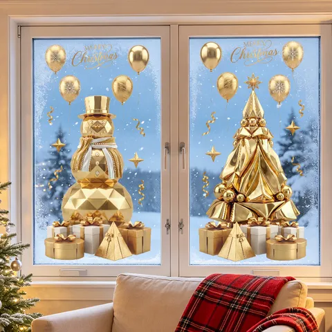 Golden Geometric Christmas Tree Snowman Window Stickers Metallic Static Cling Festive Window Decals For Glass Door Shop Decor