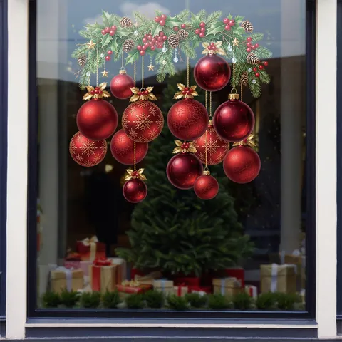 Stickers de Fenêtre Boules Rouges de Noël Recto Verso Statique Branche de Pin Pomme de Pin Autocollants Porte Vitrée Fête