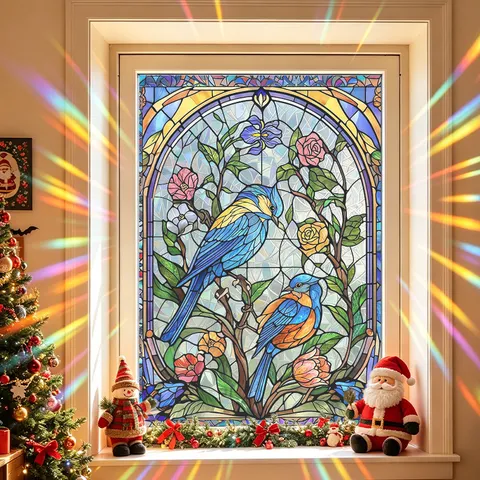 Stained Glass Static Cling Window Film Christmas Bird Floral Rainbow Prism Decorative Window Sticker Home Door Privacy Decoration