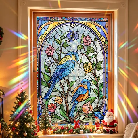 Stained Glass Static Cling Window Film Christmas Bird Floral Rainbow Prism Decorative Window Sticker Home Door Privacy Decoration