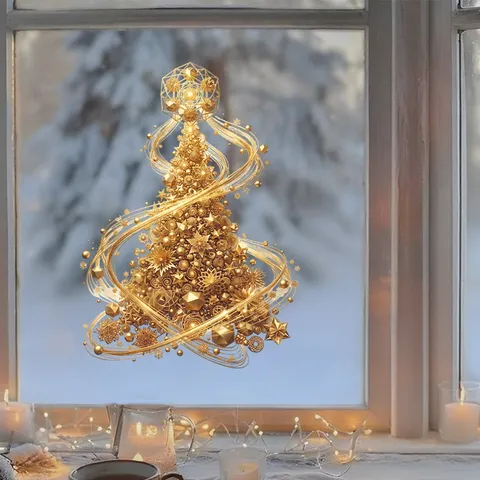 Gold Geometric Christmas Tree Window Static Cling Sticker Double Sided Print Luxury PVC Glass Door Holiday Decoration Cling