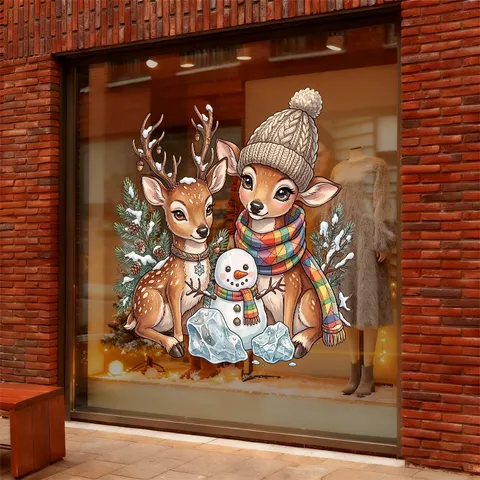 Weihnachten Cartoon Rentier Schneemann Statische Haftung Glas Fensteraufkleber Xmas Doppelseitige PVC Wandtattoo Für Party Home Showcase Dekor