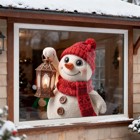 Christmas Snowman Window Static Cling Sticker Double Sided Color Printed Snowman With Lantern For Glass Door Decor