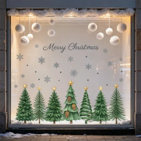 Juego de Pegatinas Estáticas para Ventana de Feliz Navidad Árboles de Bosque Estrellas Doradas Copos de Nieve Calcomanías de Vidrio para Decoración del Hogar