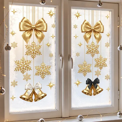 Pegatinas Estáticas para Ventana de Navidad Doradas Lazo Campana Copo de Nieve Decoración para Puerta de Vidrio Escaparate Atmósfera Festiva Decoración del Hogar