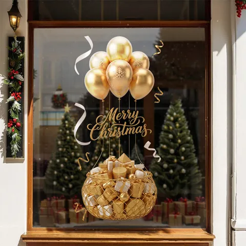 Christmas Window Stickers Golden Hot Air Balloon Static Cling Double Sided Glass Door Decals Festive Shop Decoration