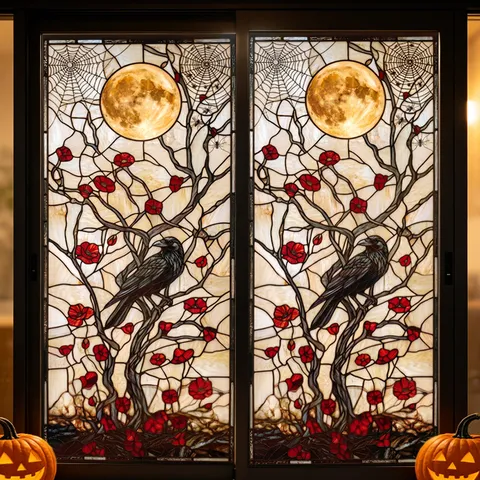 Halloween Stained Glass Window Sticker Gothic Raven Moon Spiderweb Decor Static Cling Self-Adhesive Film For Glass Door Window Holiday Home Decoration