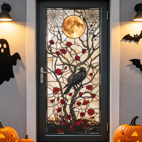 Halloween Stained Glass Window Sticker Gothic Raven Moon Spiderweb Decor Static Cling Self-Adhesive Film For Glass Door Window Holiday Home Decoration