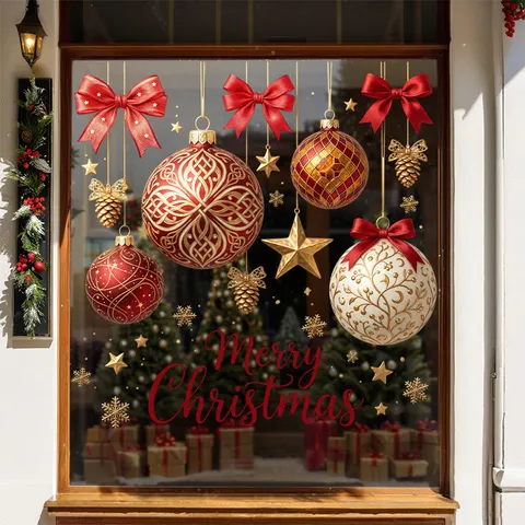Christmas Window Stickers Static Cling Merry Christmas Bulbs Bows Pine Cones Stars Decoration For Glass Doors Shop Windows Home Decor