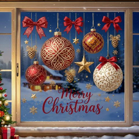Christmas Window Stickers Static Cling Merry Christmas Bulbs Bows Pine Cones Stars Decoration For Glass Doors Shop Windows Home Decor