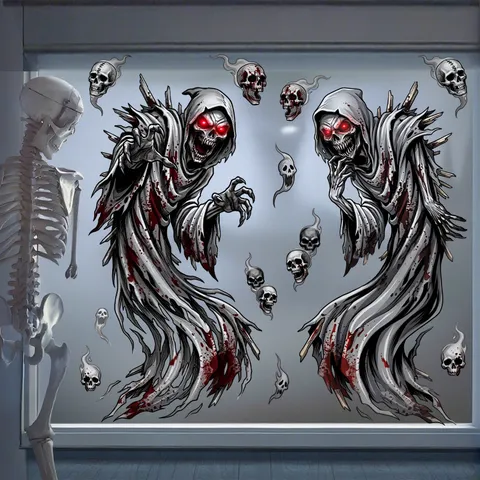 Stickers Statiques De Fenêtre D'Halloween Faucheuse Tête De Mort Fantôme Sanglant Squelette Décoration D'Horreur Pour Vitre Maison