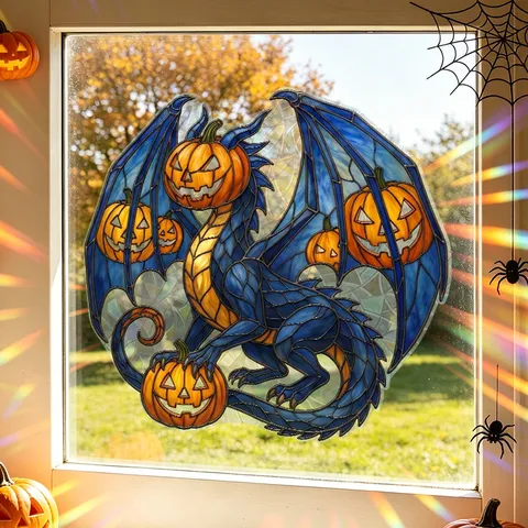 Halloween Blue Dragon Pumpkin Head Static Window Sticker Stained Glass Effect Colorful PVC Window Film For Party Decor