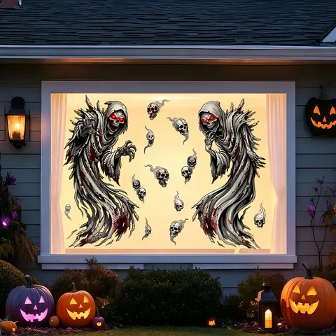 Stickers Statiques De Fenêtre D'Halloween Faucheuse Tête De Mort Fantôme Sanglant Squelette Décoration D'Horreur Pour Vitre Maison