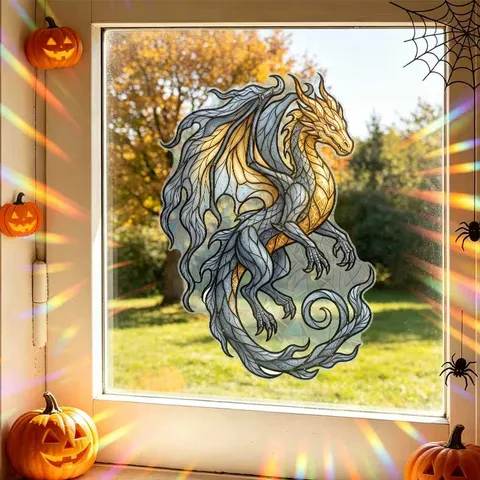 Halloween Golden Dragon Static Cling Window Sticker Rainbow Prism Effect Removable PVC Colorful Dragon Glass Door Decoration