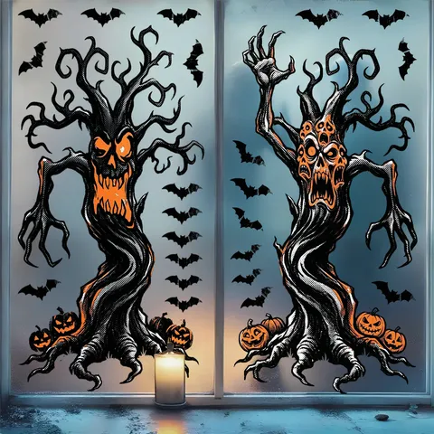 Halloween Static Window Clings Scary Ghost Face Dead Tree Pumpkin Head Bats Wall Stickers Double Sided Color Printed PVC Halloween Decals Home Decor
