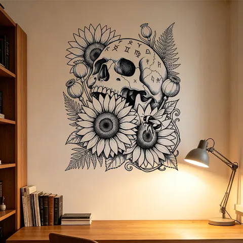 Adesivo da Parete Halloween Teschio Girasole Testa di Scheletro Gotico Monocromatico Autoadesivo Impermeabile PVC Decorazione Casa