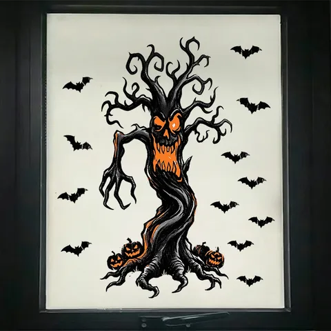 Halloween Static Window Clings Scary Ghost Face Dead Tree Pumpkin Head Bats Wall Stickers Double Sided Color Printed PVC Halloween Decals Home Decor