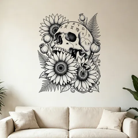 Adesivo da Parete Halloween Teschio Girasole Testa di Scheletro Gotico Monocromatico Autoadesivo Impermeabile PVC Decorazione Casa