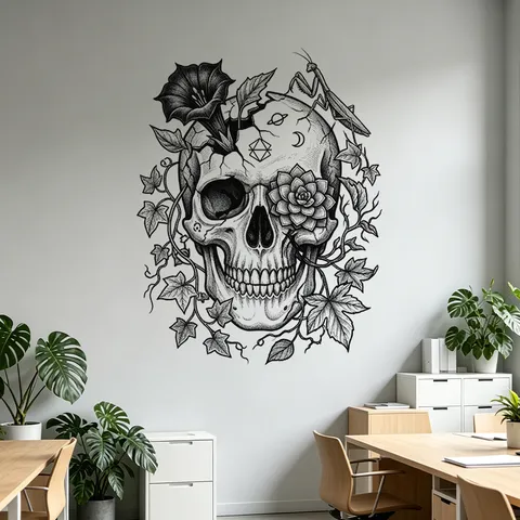 Halloween Gothic Black Line Skull Wall Sticker Mystic Symbols Morning Glory Vines PVC Removable Home Decor Artwork For Living Room