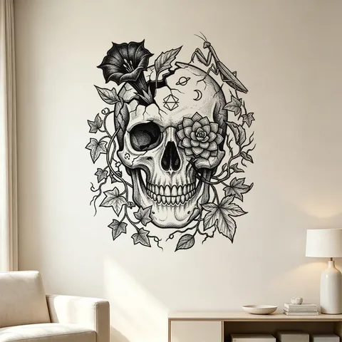 Halloween Gothic Black Line Skull Wall Sticker Mystic Symbols Morning Glory Vines PVC Removable Home Decor Artwork For Living Room