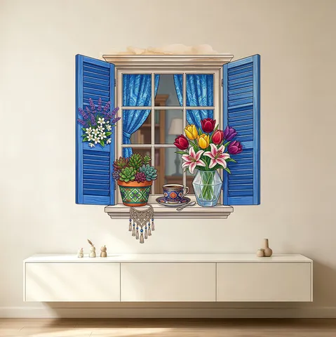 3D Simulation Window View Wall Sticker With Blue Shutters And Floral Plants Scenery Pastoral PVC Self Adhesive Wall Decals For Home Bedroom Living Room Decor