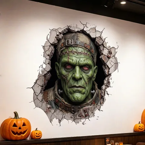 Αυτοκόλλητο Τοίχου Halloween 3D Frankenstein Τρόμος Κόκκινα Μάτια Ρωγμή Τοίχου PVC Αδιάβροχο Αφαιρούμενο Monster Poster για Πάρτι Διακόσμηση Σπιτιού