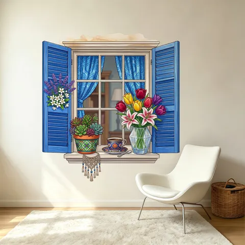 3D Simulation Window View Wall Sticker With Blue Shutters And Floral Plants Scenery Pastoral PVC Self Adhesive Wall Decals For Home Bedroom Living Room Decor