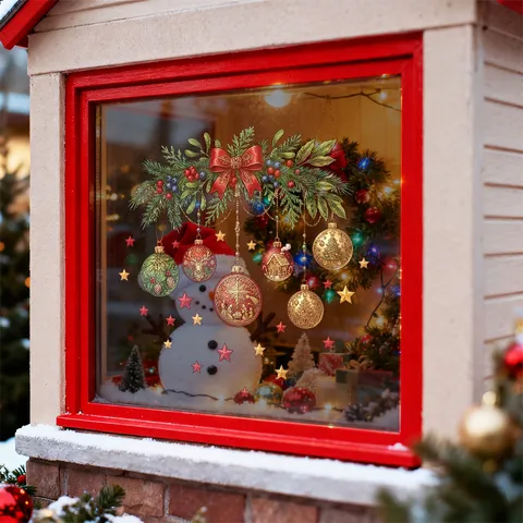 Christmas Window Clings Static Stickers For Glass Doors Mall Storefront Decor Colorful Lantern Balls Reindeer Snow Cabin Bow Stars Festive Wall Decals