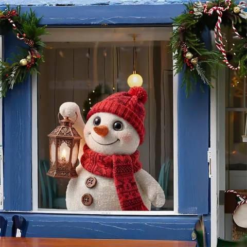 Christmas Snowman Window Static Cling Sticker Double Sided Color Printed Snowman With Lantern For Glass Door Decor