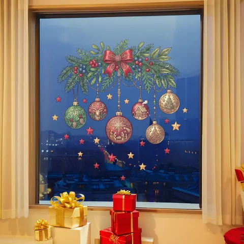 Christmas Window Clings Static Stickers For Glass Doors Mall Storefront Decor Colorful Lantern Balls Reindeer Snow Cabin Bow Stars Festive Wall Decals