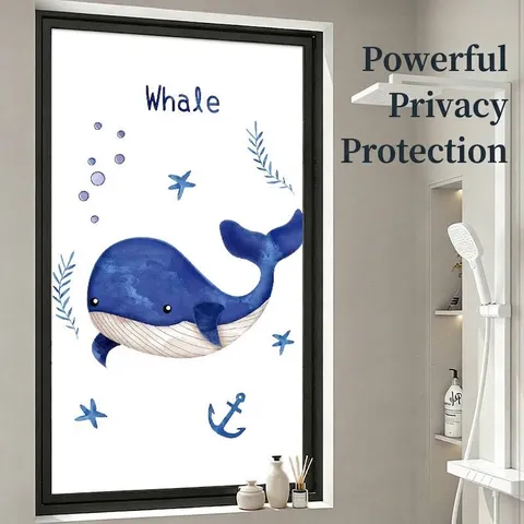 Blue Cartoon Whale Frosted Glass Window Film Static Cling Privacy Film Opaque Sun Blocking Window Sticker For Bedroom Bathroom Home Decor