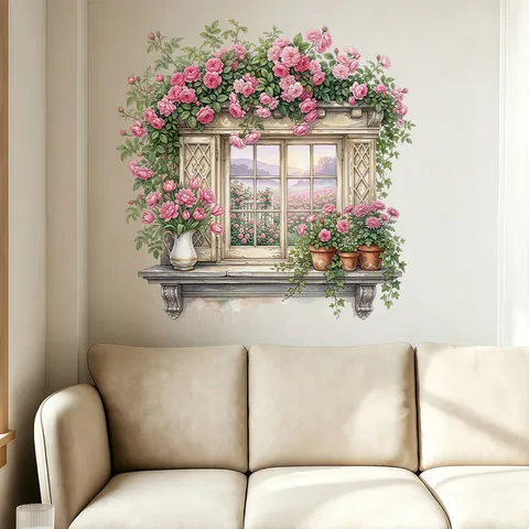 Pegatina de Pared 3D Ventana Falsa Rosas Rosa Paisaje Floral PVC Autoadhesivo Calcomanía Para Sala Estar Dormitorio