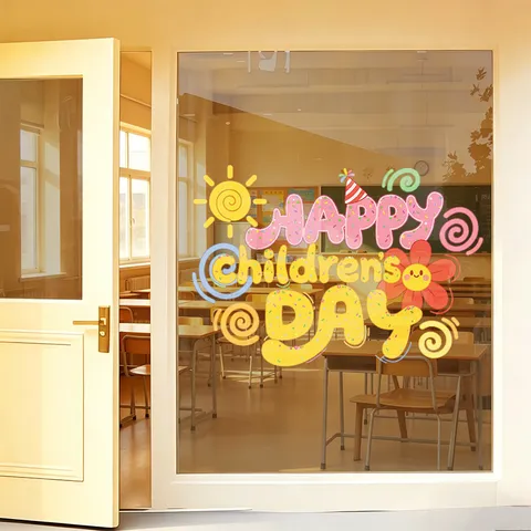 Happy Childrens Day Window Clings Cute 3D Balloon Style Static Cling PVC Glass Stickers For School Classroom Showcase Decorations