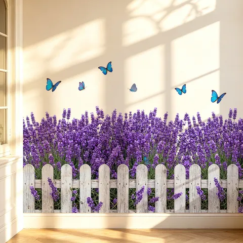 Lavender Flower Fence Plant Butterfly Wall Sticker PVC Waterproof Self Adhesive Pastoral Skirting Line Decal For Home Decor