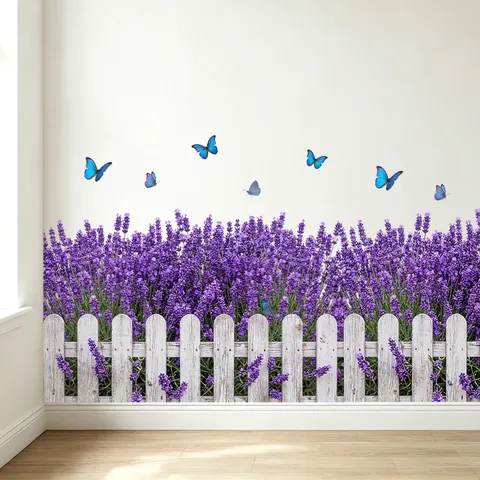 Lavender Flower Fence Plant Butterfly Wall Sticker PVC Waterproof Self Adhesive Pastoral Skirting Line Decal For Home Decor