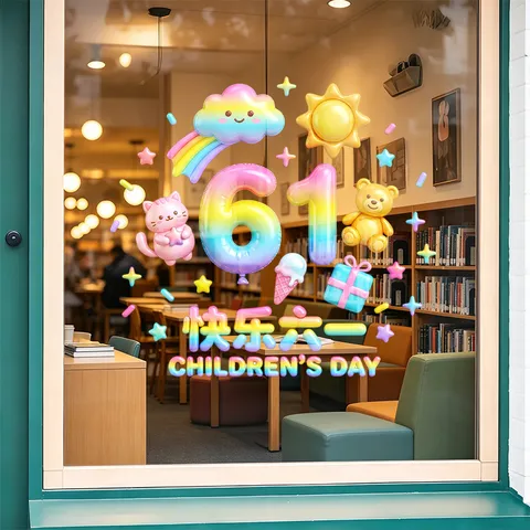 Children's Day Window Stickers 3D Rainbow Cartoon Bear Cat Static Glass Decals For Store School Celebration PVC Decoration
