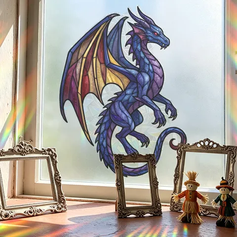 Halloween Stained Glass Dragon Window Sticker Colorful Blue Purple Dragon Static Cling Decal For Glass Door Home Party Decoration