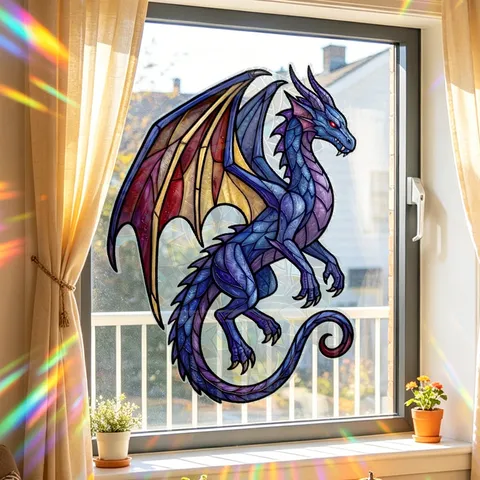 Halloween Stained Glass Dragon Window Sticker Colorful Blue Purple Dragon Static Cling Decal For Glass Door Home Party Decoration