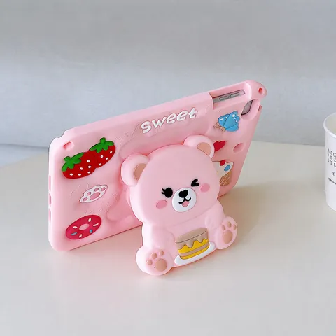 Custodia per Tablet in Silicone con Orso Cartone Animato Rosa con Supporto Slot per Penna e Cordino per Modelli Samsung e Ipad