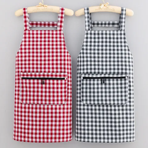 Plaid Kitchen Apron For Women Home Cooking Baking Anti-Oil Adjustable Bib Apron With Pocket