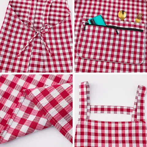 Plaid Kitchen Apron For Women Home Cooking Baking Anti-Oil Adjustable Bib Apron With Pocket