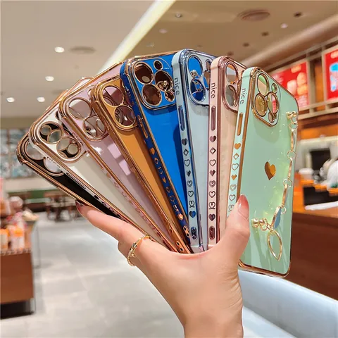 Electroplated TPU Phone Case With Love Heart Wrist Chain Anti Drop Protective Back Cover For iPhone