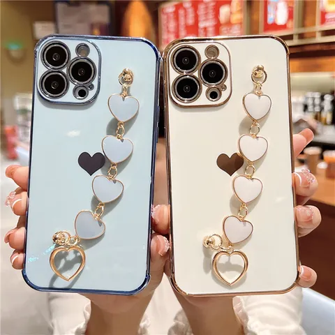 Electroplated TPU Phone Case With Love Heart Wrist Chain Anti Drop Protective Back Cover For iPhone