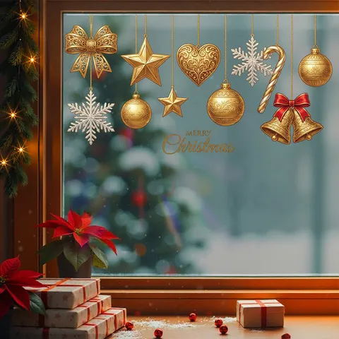Christmas Gold Lamp Ball Heart Bow Bell Static Glass Window Cling Sticker Shop Home Decoration Merry Christmas Festive Wall Decal