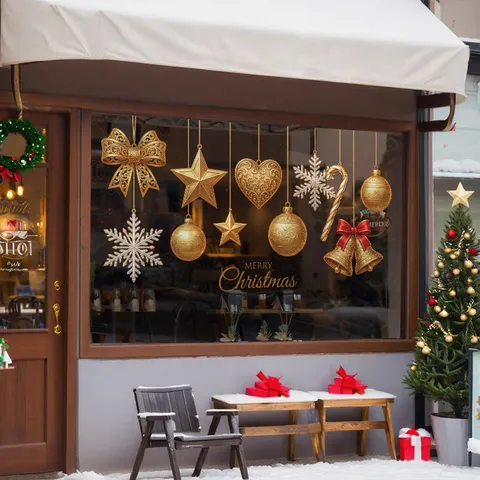 Christmas Gold Lamp Ball Heart Bow Bell Static Glass Window Cling Sticker Shop Home Decoration Merry Christmas Festive Wall Decal