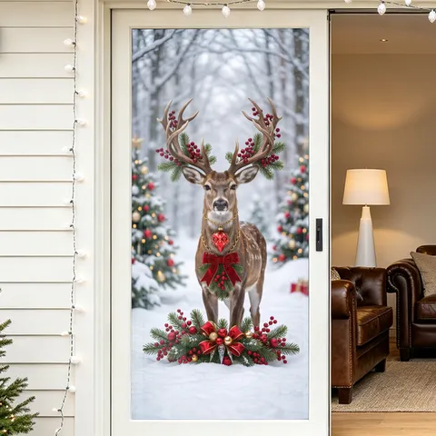 Autocollant de Fenêtre Renne Noël Adhésif Statique PVC Forêt Enneigée Décalcomanie de Porte Vitrée Décoration de Fête Maison