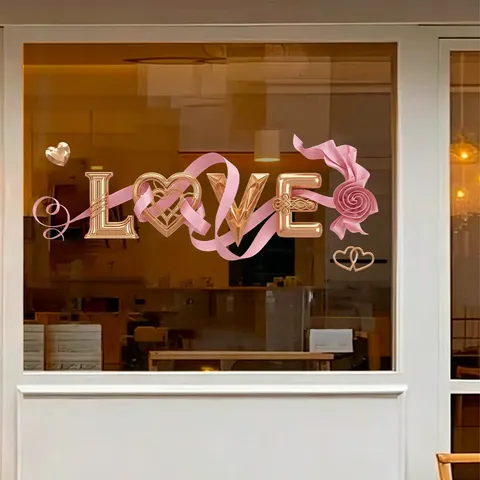 Golden 3D LOVE Heart Valentine's Day Static Glass Window Sticker Pink Ribbon Rose Shop Window Decoration Romantic Festive Decal
