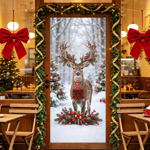 Autocollant de Fenêtre Renne Noël Adhésif Statique PVC Forêt Enneigée Décalcomanie de Porte Vitrée Décoration de Fête Maison