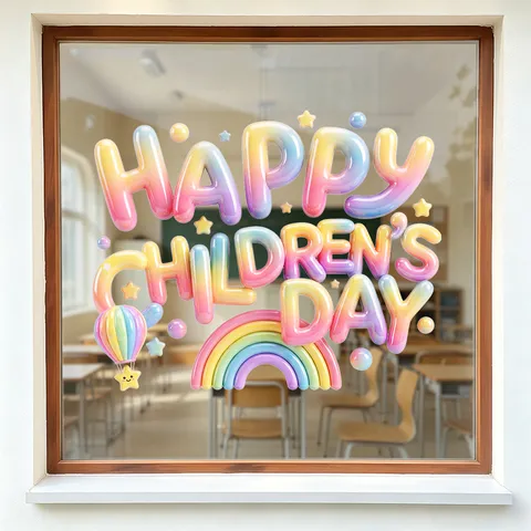 Happy Children's Day Colorful Balloon Rainbow Static Window Stickers 3D Effect PVC Decals For School Shop Glass Decoration