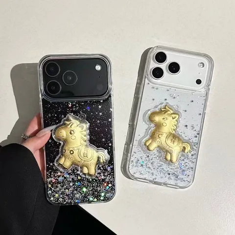TPU Telefoonhoesje Met Glitter Zilverfolie En Gouden Paard Decor Beschermhoes Voor iPhone